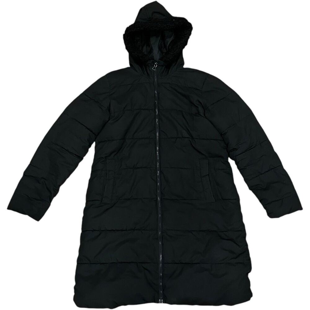 GAP Women's Size M Quilted Puffer Faux Fur Hooded Winter Jacket‎ Coat Black
